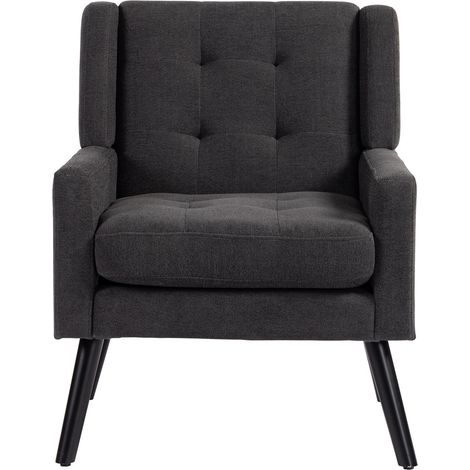 Fauteuil rembourré en lin noir avec boutons – Chaise design Mid-Century aux pieds en bois massif pour petit espace (1/5)