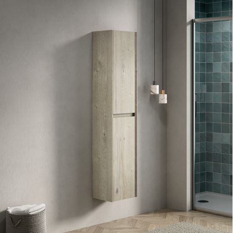 Armario de baño (148x34.5x17 cm), de dos puertas, con baldas regulables, madera contrachapada, blanco roto (1/5)