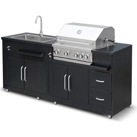 Oviala – Cuisine extérieure en métal avec évier et barbecue à gaz – Acier inoxydable résistant à la corrosion – Dimensions 203x66 cm – 4 brûleurs tubulaires