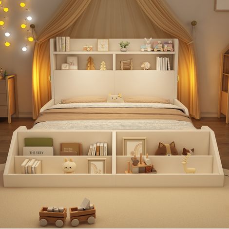 Cama doble 140x200 cm con estantes, luces nocturnas extraíbles y somier de láminas blanco OKWISH (1/5)