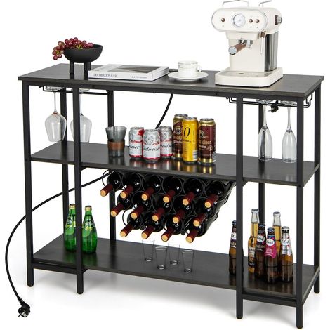 COSTWAY Armario Bar de Vinos, Gabinete para Vinos con 2 Portavasos para 15 Botellas, Estantes Industrial para Botellas con Estación de Carga, para Vinos para El Hogar, Cocina, Bar (Gris y Negro) (1/4)