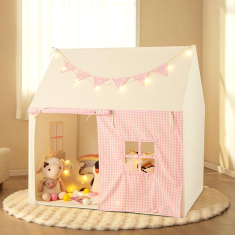 Pour lire, jouer ou se reposer, cabane enfant rose avec étoiles lumineuses, fanions et matelas rembourré (1/5)