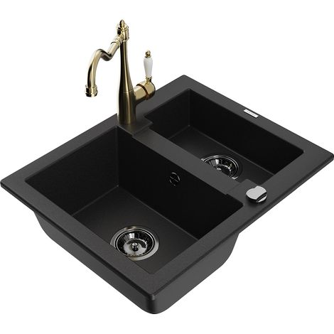Mexen Carlos fregadero de granito de 1,5 senos con grifo de cocina Carla, negro - 6518-77-670700-50-B (1/5)
