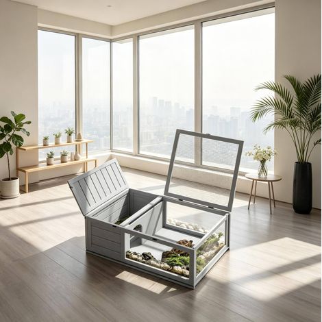 Recinto para tortugas de madera gris con malla de acero galvanizado y acrílico (1/5)