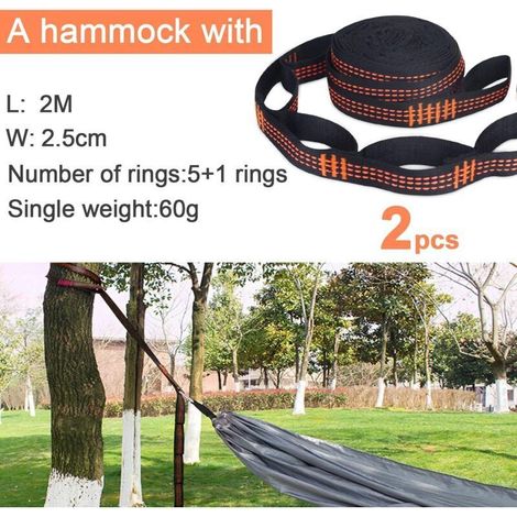Lot de 2 sangles de suspension pour hamac, avec 2 mousquetons à crochets noirs, 300 kg, kit de suspension pour arbre, sangles orange, accessoires pour le camping, la randonnée en plein air (1/3)