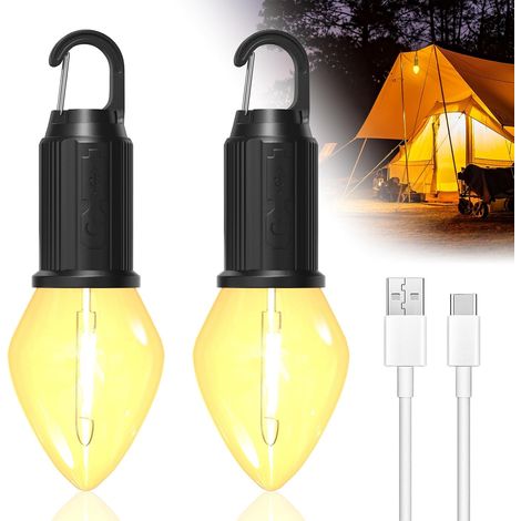 Portable Rechargeable Camping Lamp with Hook, Camping Lantern with 3 Light Modes, Continuous Light Adjustment, IP65 Waterproof, Rechargeable Tent Lamp for Camping, 2 Pieces (1/5)