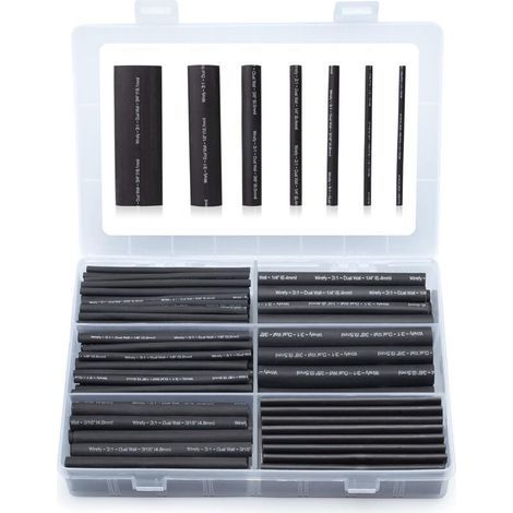 180 Pièces Kit de Gaine Thermorétractable Etanche Noire - 3:1 Tube Thermoretractable à double paroi - Revêtement adhésif - Gaine Thermo (1/5)