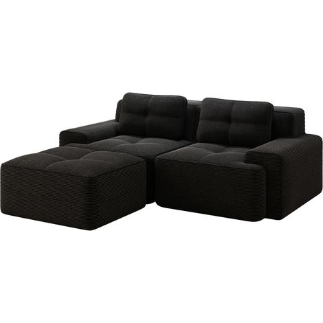 Modulares L-Sofa aus schwarzem Cord-Samt mit Ottomane, tiefer Sitz, ohne Montage, MODENUIT (1/5)