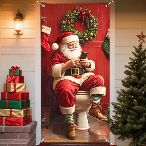 Décorations de Noël 2026 - Bannières, nœuds, décorations de Noël, rideaux de porte - 90 x 180 cm (œillets + ruban) - QL-9