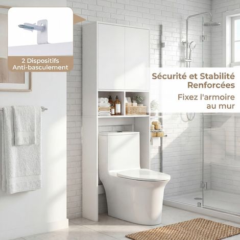Meuble WC blanc 60 x 23 x 166 cm avec 2 portes, 2 niches ouvertes et étagère réglable pour salle de bains et buanderie (1/5)