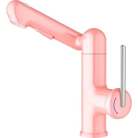 Grifo para lavabo de baño totalmente de cobre con manija elevable, diseño de baño moderno, color rosa (1/4)