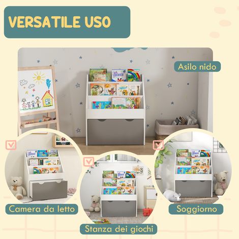 Bibliothèque enfant 3-8 ans, 3 étagères avec tiroir inférieur, MDF gris 62,5x30x70 cm (1/5)