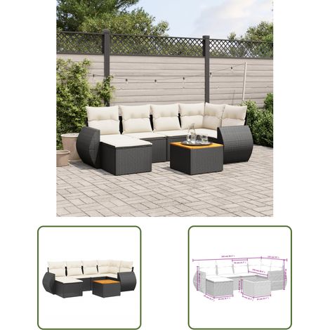 The Living Store Salon de jardin 7 pcs avec coussins noir résine tressée - Ensemble Salon De Jardin - Meuble Extérieur - Jardin Design - Mobilier De Jardin - Chaise Lounge