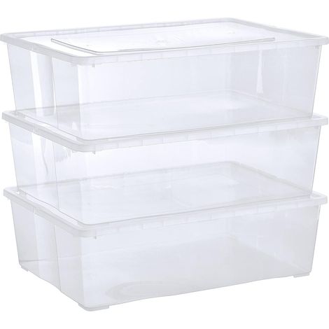 Lot de 3 Boites de Rangement avec Couvercle - 25 L - Caisses empilables en plastique transparent - Pour vêtements, chaussures, jouets, bricolage (1/5)