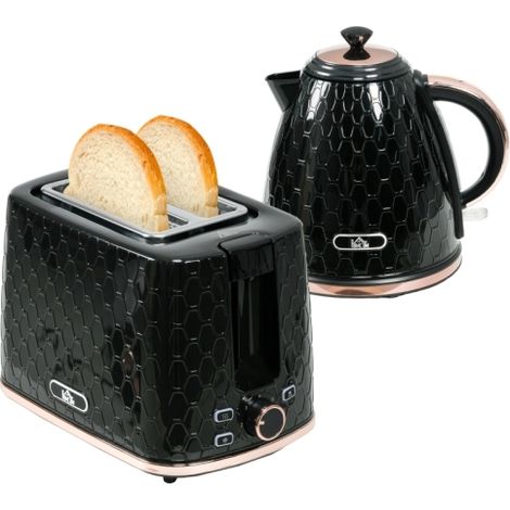 1.7L 3000W Fast Boil Kettle and 2 Slice Toaster Set with Auto Shut Off and Browning Controls in Black