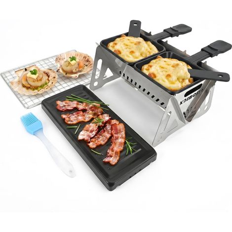 Kit réchaud de camping portable, barbecue charbon pliable avec plaque grill antiadhésive, grille et poêlons à raclette, kit de cuisson multi-combustible compact pour pique-nique et randonnée (1/5)
