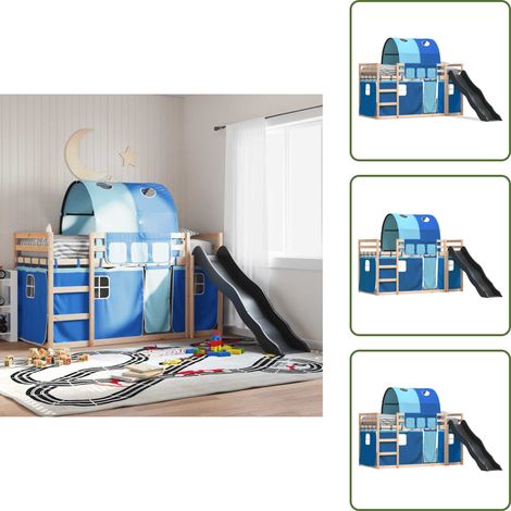 The Living Store Letto a Castello con Scivolo e Tende Blu 80x200 cm - Letto a castello per bambini