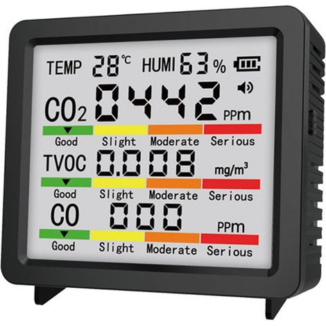 Moniteur 5 en 1 pour CO2 TVOC avec capteur de température et d'humidité, portable, pour intérieur et extérieur, idéal pour la maison, le bureau et la voiture (noir). (1/5)