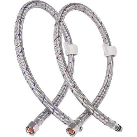 Tuyau de raccordement pour robinet de 81 cm (32 po), filetage femelle 3/8 po x filetage mâle M10, tuyau tressé en acier inoxydable, rouge et bleu, pour salle de bain et cuisine (1/5)