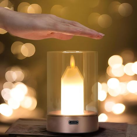 Lampe de Bougie Sans Fil, Veilleuse à Commande par Capteur de Geste avec Bougie Sans Flamme en Verre, Lanterne de Table Extérieure Dimmable, Lampe Décorative Chauffante Rechargeable pour Chambre à Cou (1/5)