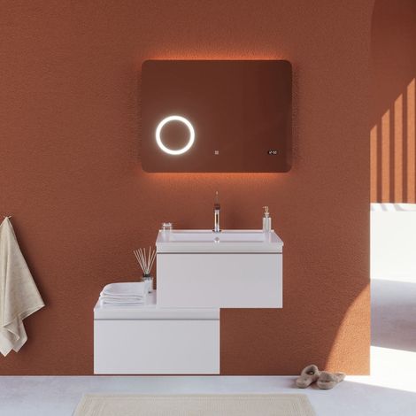 Mueble De Baño De Pared Con Cajón Blanco Descentrado, Espejo 80X60  Seattle (1/5)