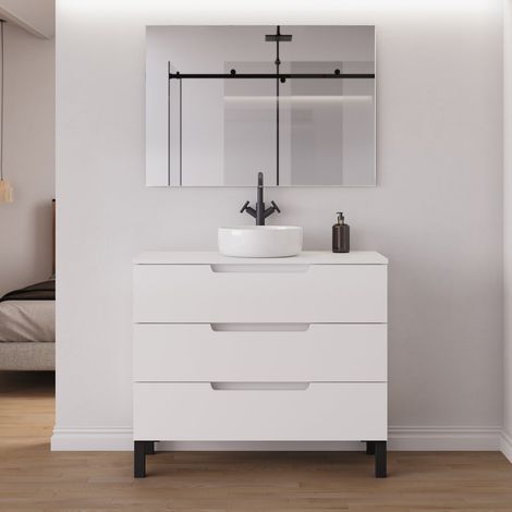 Meuble de salle de bain 90cm avec plateau et vasque à poser ronde - 3 tiroirs - blanc mat - RIZA (1/5)