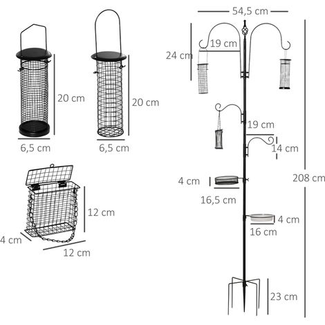 Station de nourrissage oiseaux noir métal hauteur 208cm quatre crochets abreuvoir mangeoire, ensemble complet pour oiseaux sauvages jardin terrasse (1/5)