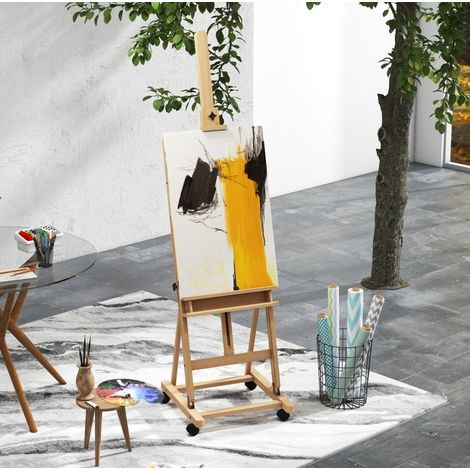 Caballete de artista de madera de haya regulable, 4 ruedas, natural y negro OKMYHOME (1/5)