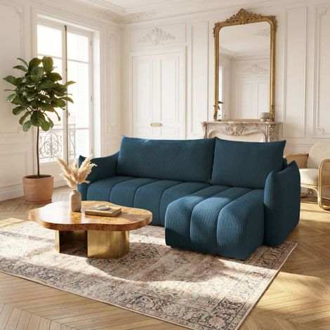 Ecksofa Schlafsofa ONTARIO XS in Stoff Poso Dunkelblau Ottomane Rechts
