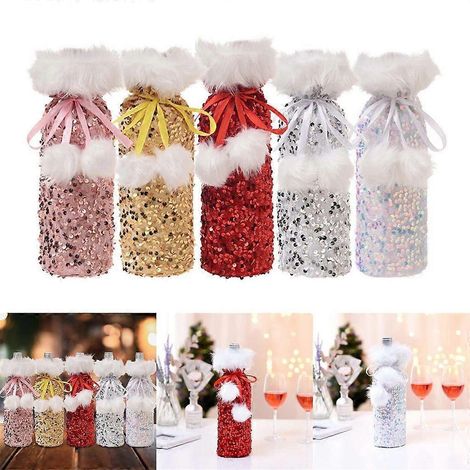 Lot de 5 housses de bouteilles de vin à paillettes sur le thème de Noël (1/4)