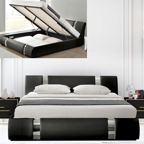 MEUBLER DESIGN Lit Coffre Sommier Relevable Nova - Noir - 180x200, Polyuréthane, Style Contemporain, 233 x 193 x 87 cm (1/5)