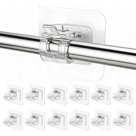 12 Pièces Support Tringle Rideaux sans Percage, Crochet Rideau Adhesifs Transparent avec Accroche Barre Porte pour Porte-Serviettes, Salle Bain, Hôtel, Cuisines (1/5)