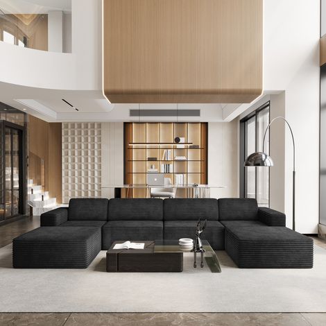 Modulares 4-Sitzer-Sofa in U-Form, Cordbezug, 2 Hocker, keine Montage erforderlich, für Wohnzimmer, 404 x 202 x 82 cm, Schwarz