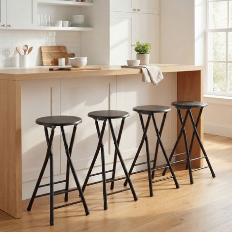 Ensemble de 4 Bois tabourets bar pliants avec repose pied double en et acier noirs 34x30x70 cm
