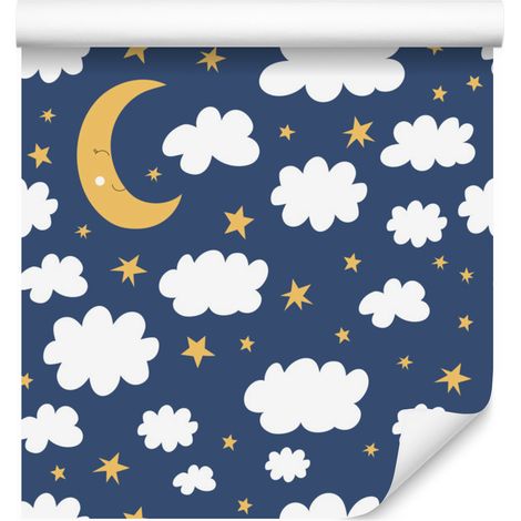 Carta da parati con stelle, nuvole e lune addormentate per soggiorno e camera da letto, 50x1000 cm. (1/5)