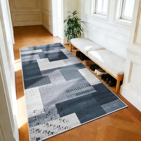 Tapis de couloir moderne à poils courts, lavable, petit tapis géométrique antidérapant, pour descente de lit, décoration, chambre à coucher, chambre d'enfant, 80 x 150 cm, gris et bleu (1/5)