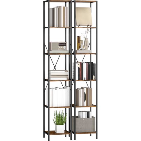 Scaffale a 6 ripiani (set di 2 pezzi), struttura in acciaio, ideale per soggiorno, ufficio o camera da letto, colore marrone rustico.
