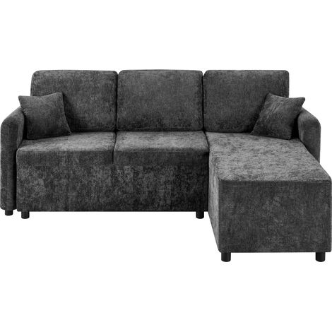 Sofá rinconero en L de 3 plazas con chaise longue, chenilla, espuma densa, negro (1/5)