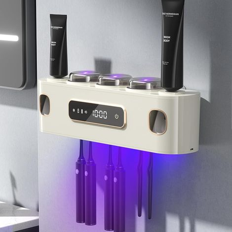 Porte-brosse UV mural beige avec séchage, écran tactile LED, 2 distributeurs de dentifrice, pour salle de bain (1/5)