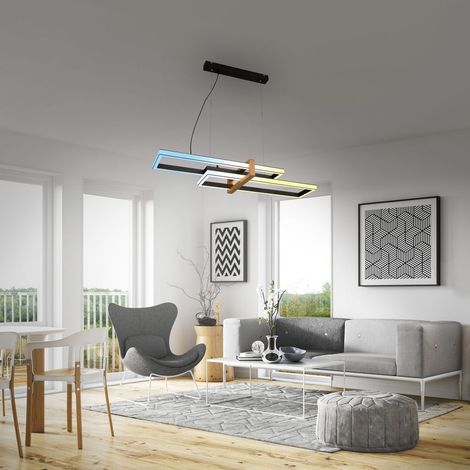 Suspension LED CCT 100x34x120 cm rectangulaire 44W 4400lm 2700 a 6500K blanc chaud a froid dimmable avec telecommande noir bois metal plastique lampe de plafond salon salle a manger (1/5)
