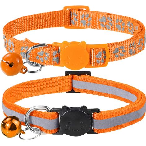 Collier Chat Anti Étranglement, 2 pcs Réglable Réfléchissant Collier pour Chat Chaton Chiot avec Clochette et Boucle de Sécurité, 19-32cm Orange (1/5)