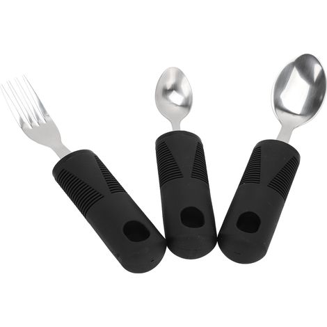Ensemble de 3 ustensiles adaptés en acier inoxydable avec large manche en caoutchouc antidérapant et lesté, conçus pour soulager l'arthrite et la maladie de Parkinson. (1/5)