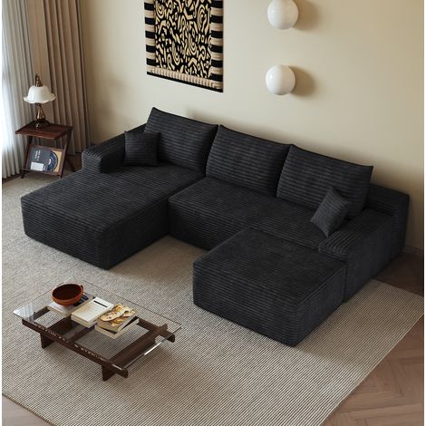 Sofá modular rinconero 270 cm negro de tela acanalada sin montaje con chaise longue (1/5)
