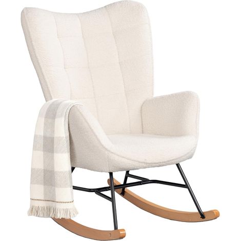 Fauteuil à Bascule Allaitement Rocking Chair Scandinave Chaise Loisir Revêtement en Sherpa avec Pieds en Bois Massif pour Salon, Chambre, Le Balcon, Beige (1/5)
