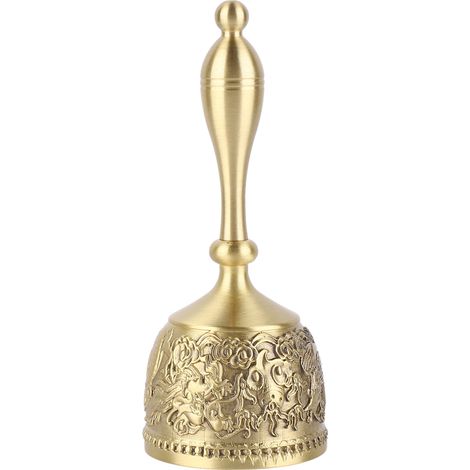 Cloche de Table en Laiton Massif 12cm, Motif Sculpté Délicat, Poignée Courbée, Sonnette pour Mariage Fête Famille Bar (1/5)