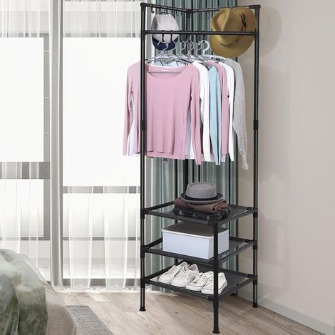 Porte-Manteaud'angle avec étagère de Rangement à 3 Niveaux Porte-Manteau sur Pied Hall Tree pour Entrée, Couloir, Bureau, Hôtel - Noir (1/5)