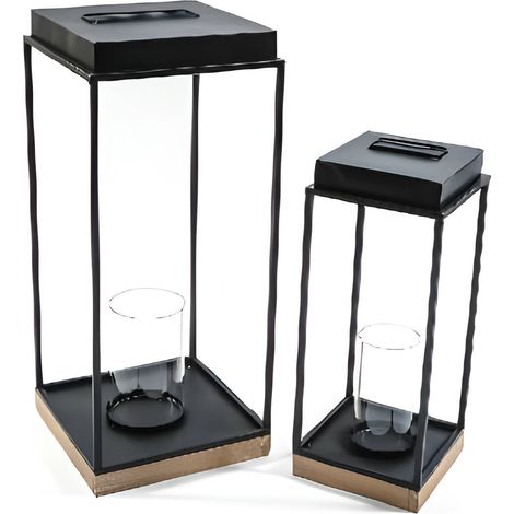 Lanterne decorative in legno e metallo, con bicchiere in vetro incluso, set da 2 pezzi -Tradizionale / Nero (1/4)