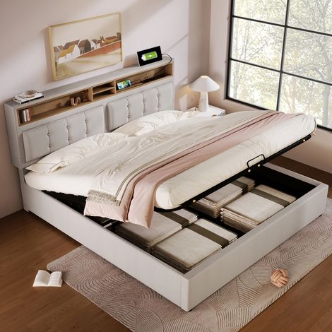 Polsterbett 160x200 mit Stauraum und Lattenrost, Doppelbett mit USB-Ladefunktion und höhenverstellbarem Kopfteil, Leinenstoff, Hellbeige/Grau (1/5)