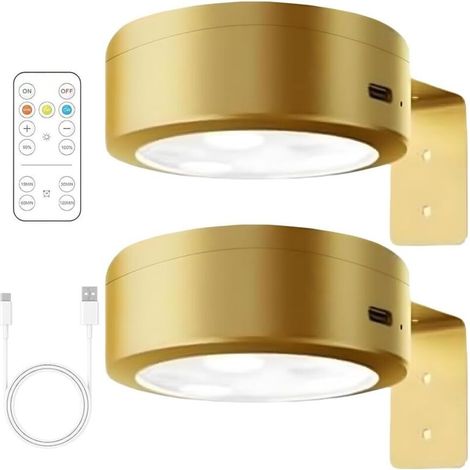 Lot de 2 appliques murales magnétiques pour tableau - Lampe murale à piles rechargeable sans fil avec télécommande, 3 températures de couleur, rondelle LED pour cadre de peinture (doré) (1/5)