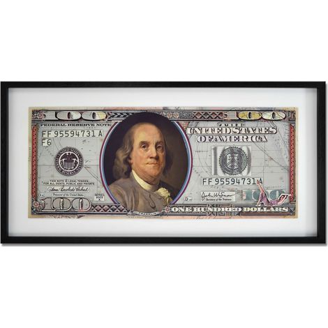 Cuadro 100 Dólares con efecto 3D realizado con técnica de collage, enmarcado y protegido por un cristal frontal 100x50cm - SpazioLuzio